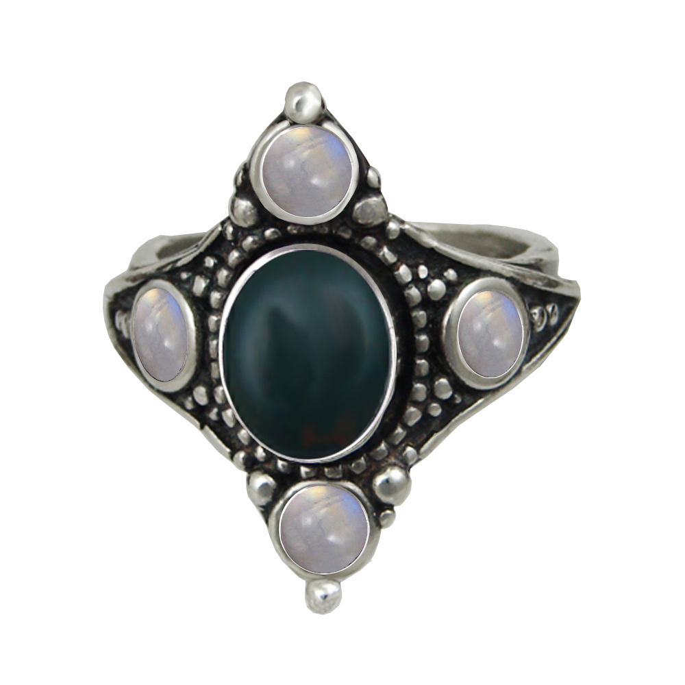 Sterling Silver Renaissance Queen's Ring With Bloodstone And Rainbow Moonstone Size 9